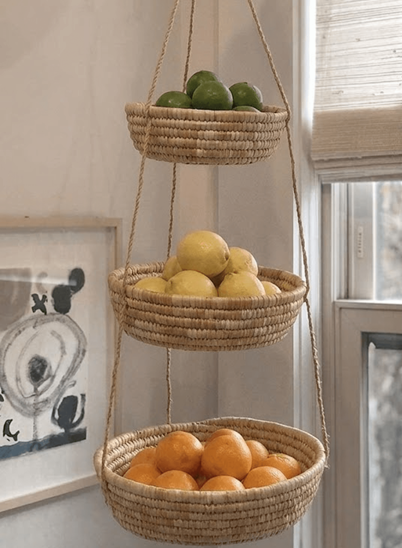 Hanging woven fruit baskets