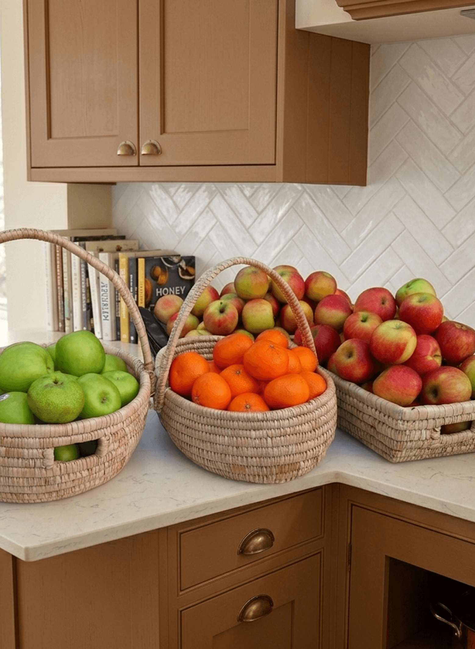 Woven baskets arranged with fruit on a kitchen counter